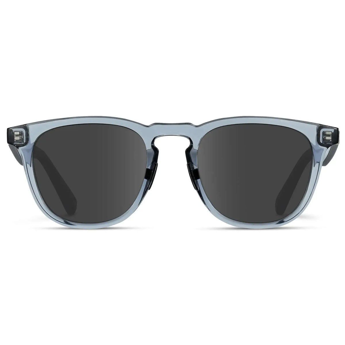 Front view of Men's Medium Fit Round Prescription Sunglasses with Denim Blue Frame and Grey Lens on a white background