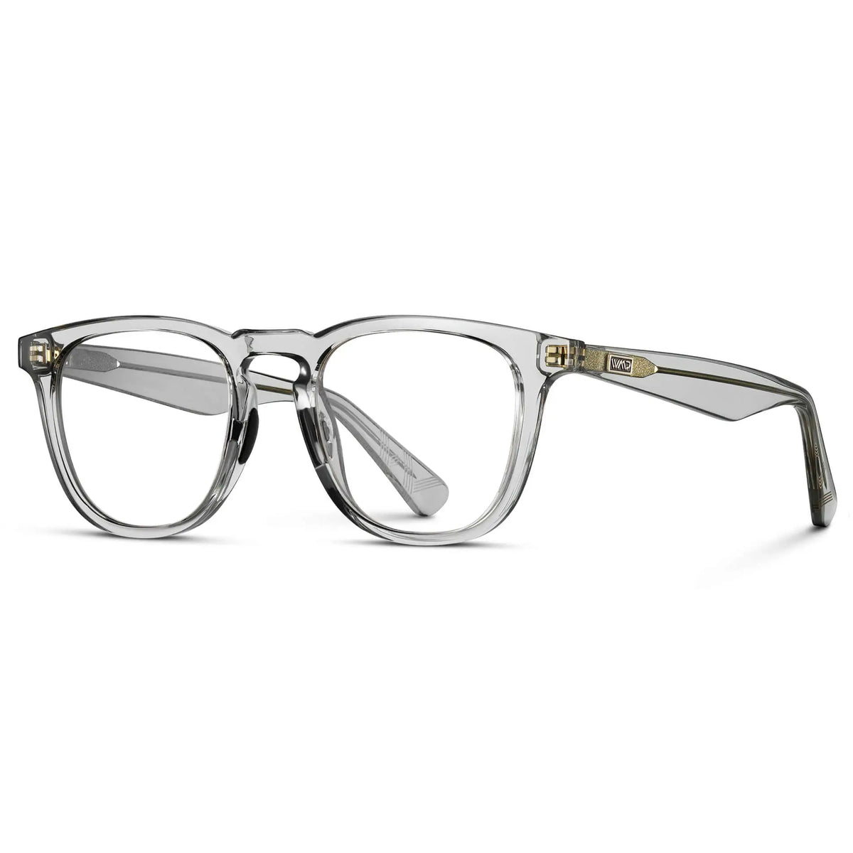 Side view of Men's Wide Fit Round Prescription Glasses with Crystal Ice Grey Frame and Clear Lens on a white background
