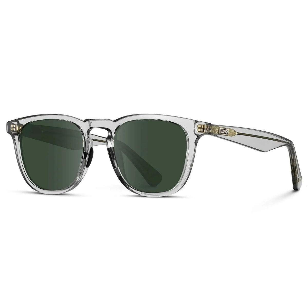 Side view of Men's Medium Fit Round Prescription Sunglasses with Crystal Ice Grey Frame and Green Lens on a white background