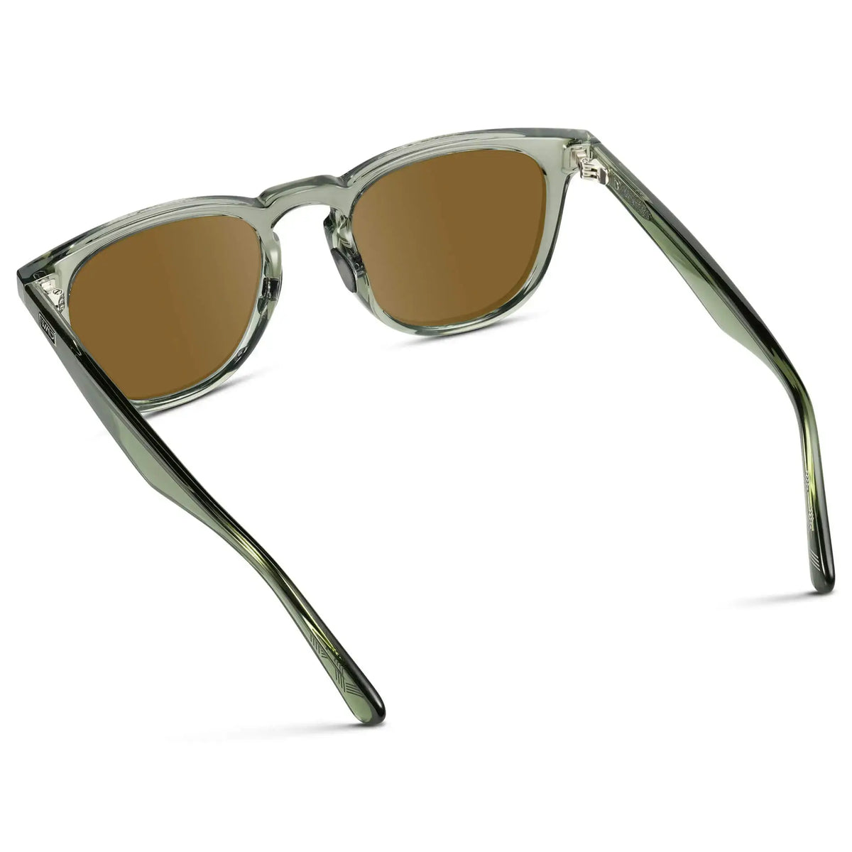 Back view of Men's Wide Fit Round Prescription Sunglasses with Crystal Agave Green Frame and Brown Lens on a white background