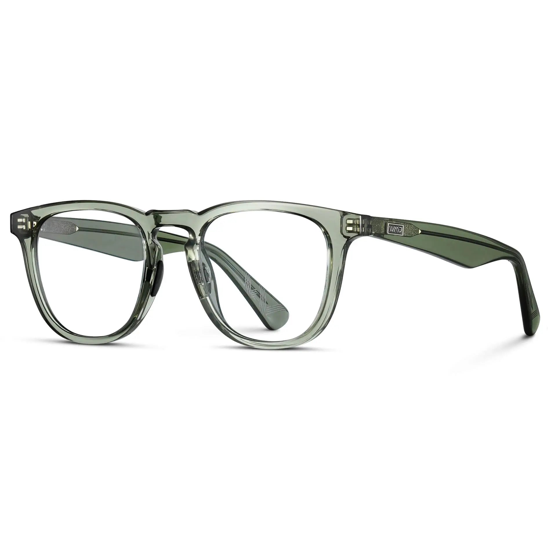 Crystal Agave Green || Side view of Men's Round Prescription Glasses with Crystal Agave Green Frame and Clear Lenses on a white background 
