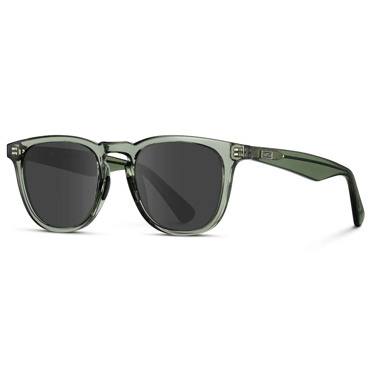 Side view of Men's Medium Fit Round Prescription Sunglasses with Crystal Agave Green Frame and Grey Lens on a white background