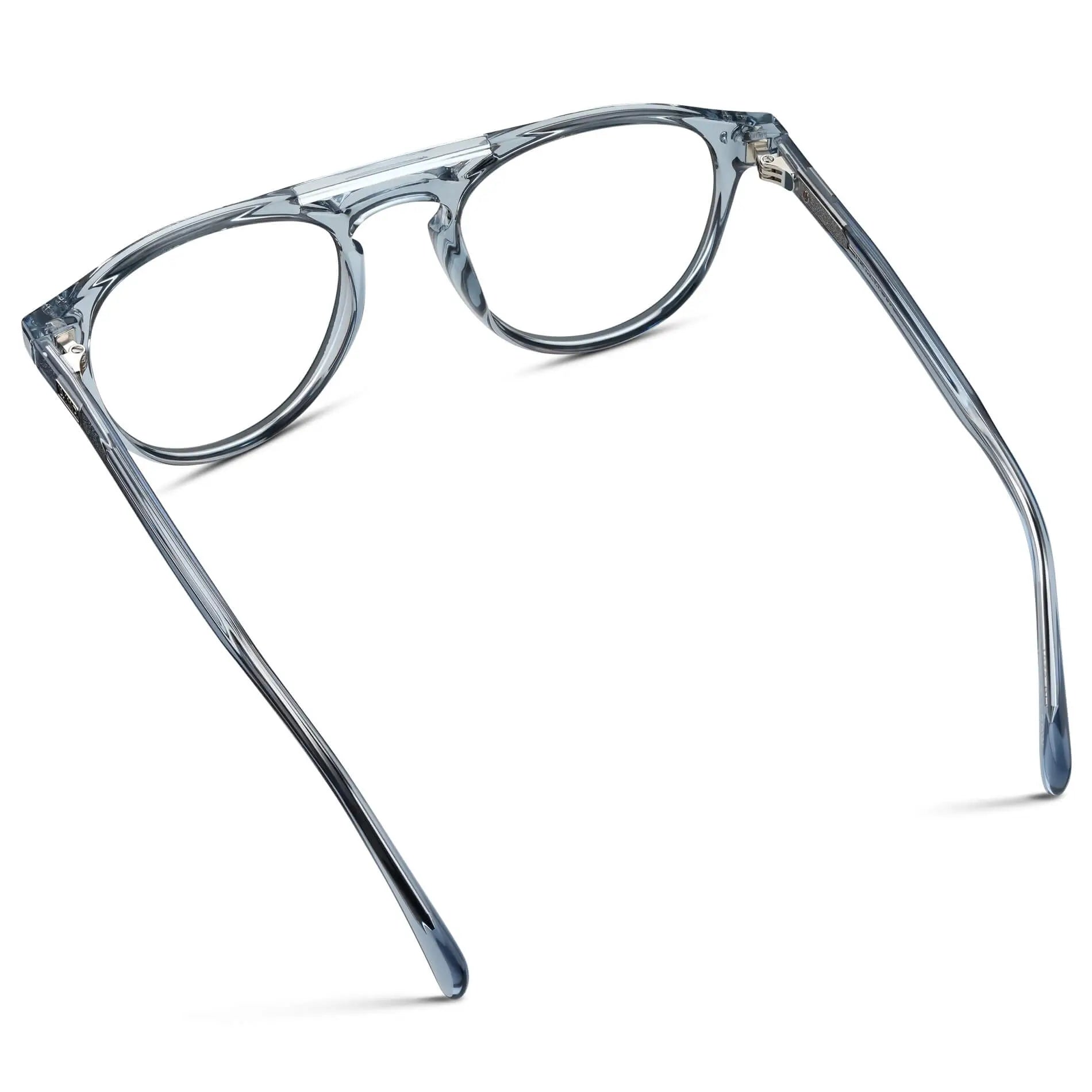 Denim Blue || Back view of Men's Double Bridge Round Prescription Eyeglasses with Denim Blue Frame and Clear Lenses on a white background