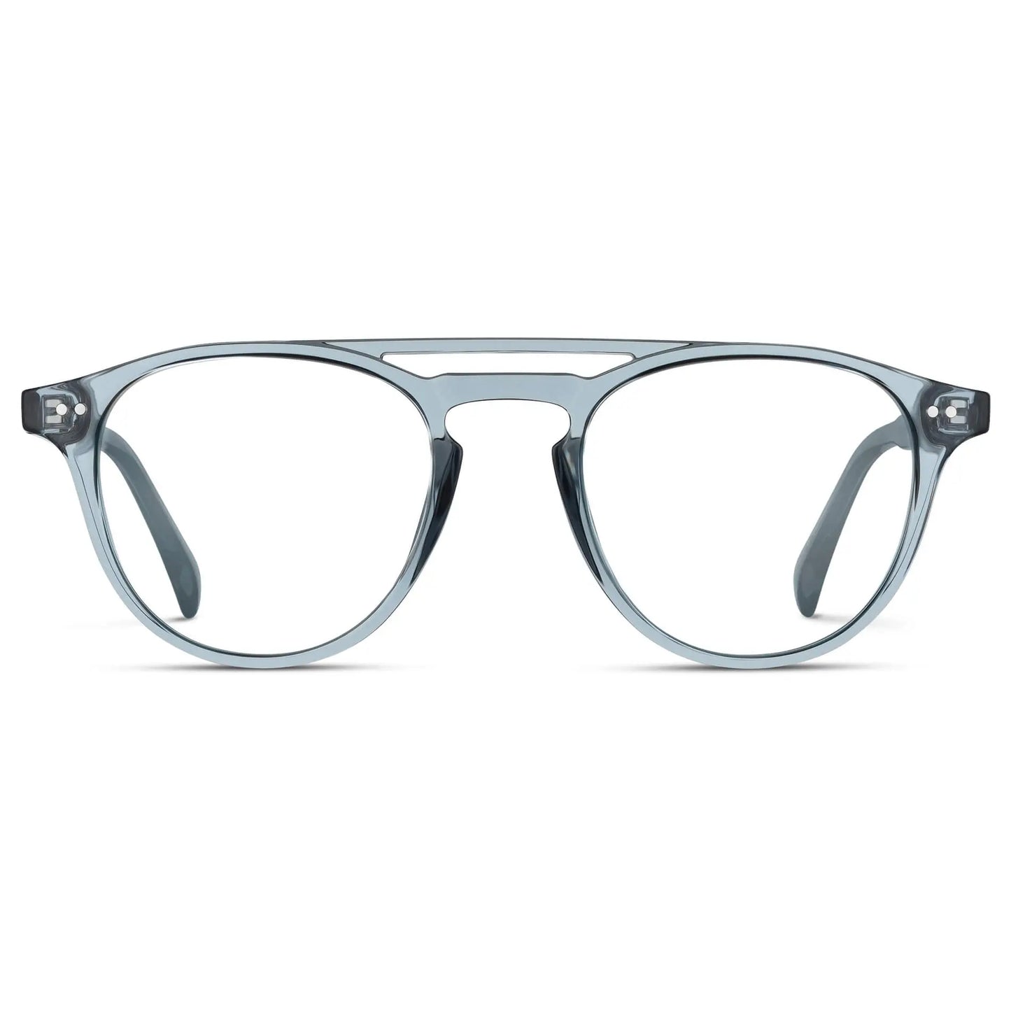 Denim Blue || Men's Double Bridge Round Prescription Eyeglasses with Denim Blue Frame and Clear Lenses on a white background