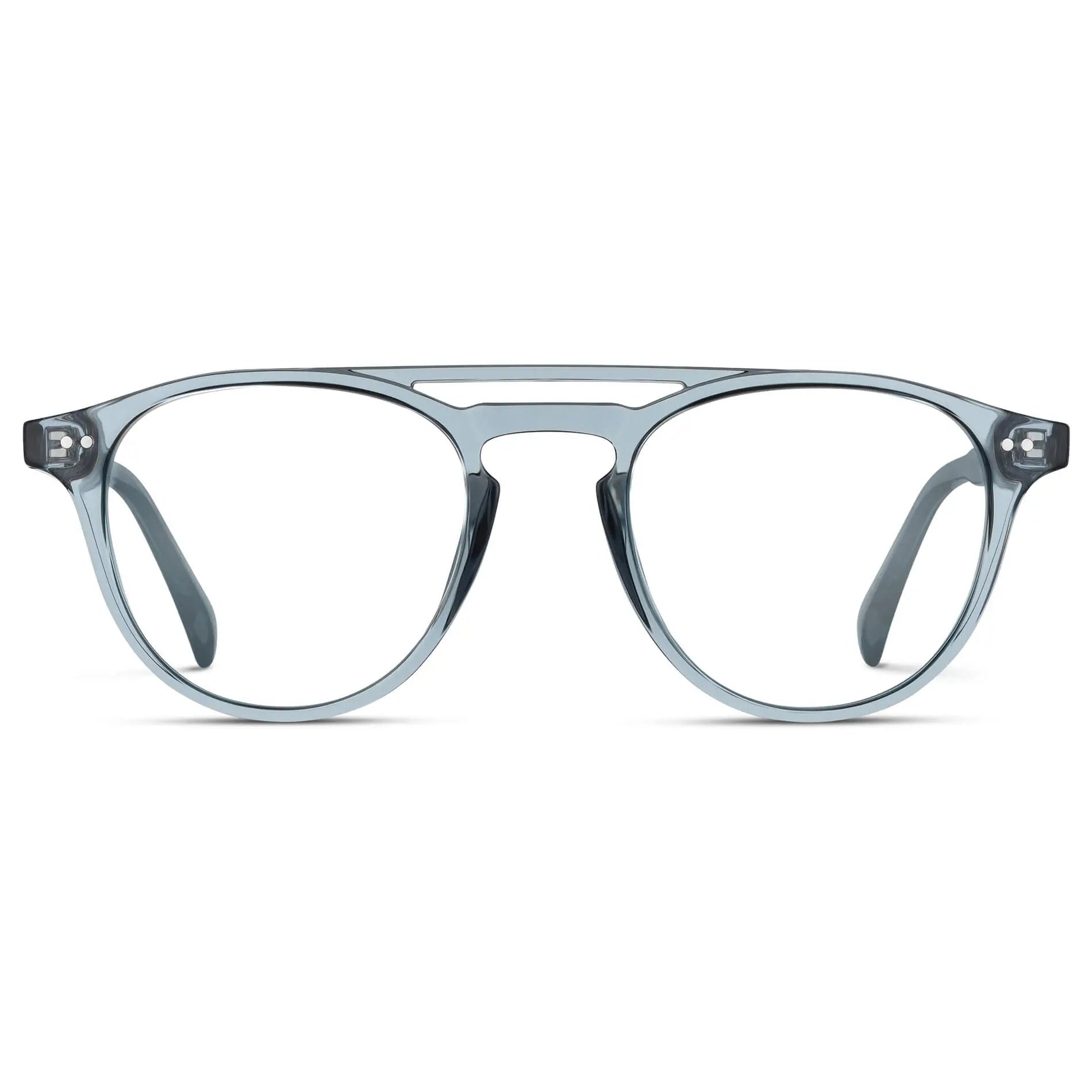 Denim Blue || Men's Double Bridge Round Prescription Eyeglasses with Denim Blue Frame and Clear Lenses on a white background