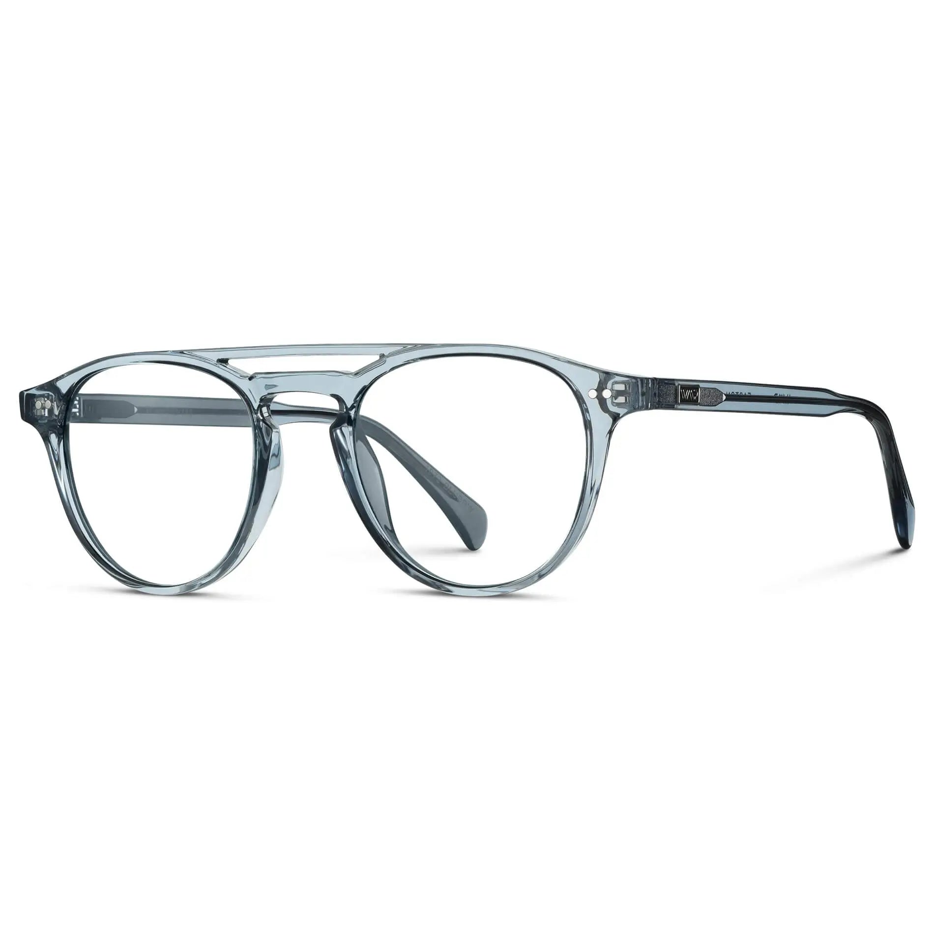 Denim Blue || Side view of Men's Double Bridge Round Prescription Eyeglasses with Denim Blue Frame and Clear Lenses on a white background