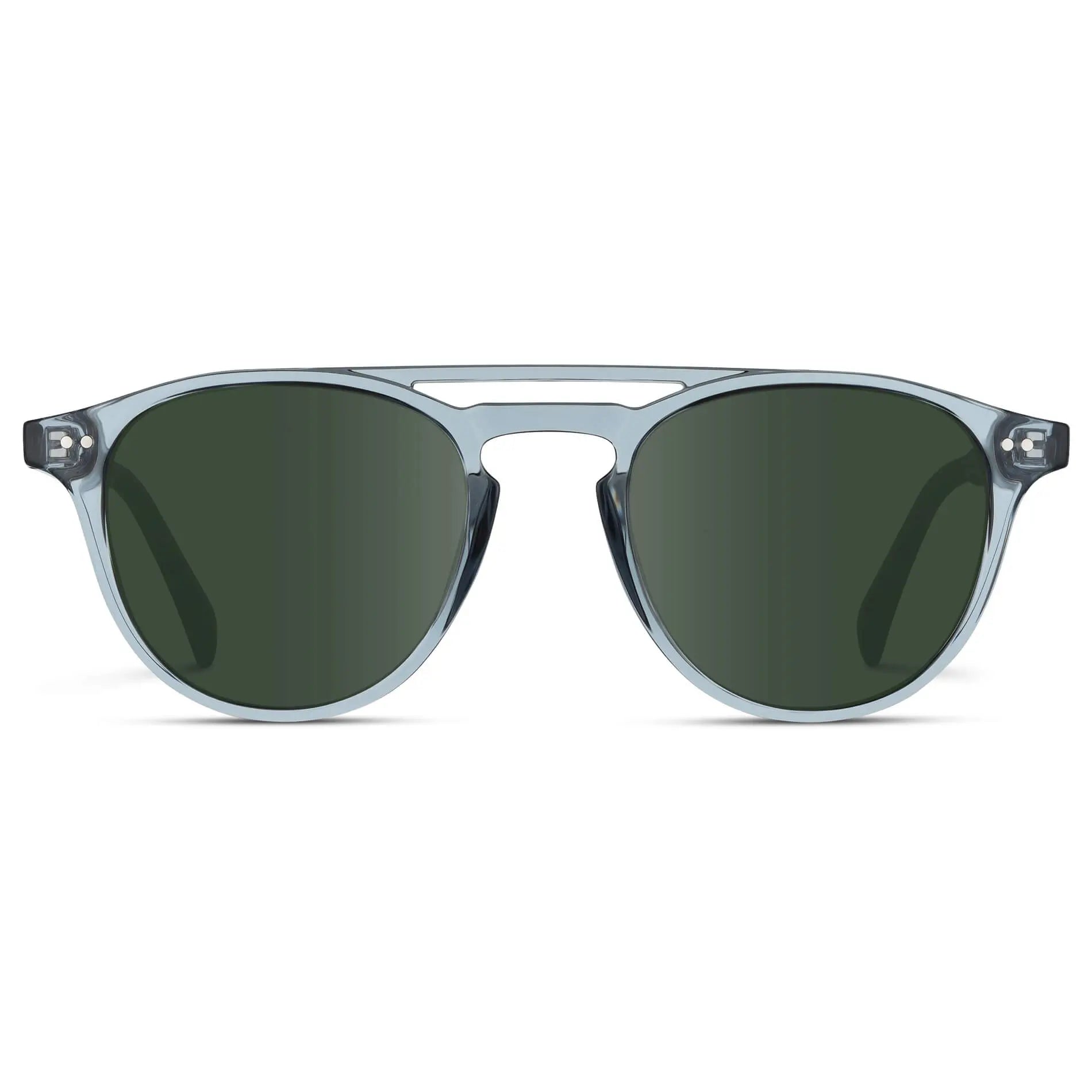 Denim Blue / G15 || Men's Blue Round Frame Prescription Sunglasses with Green Lenses