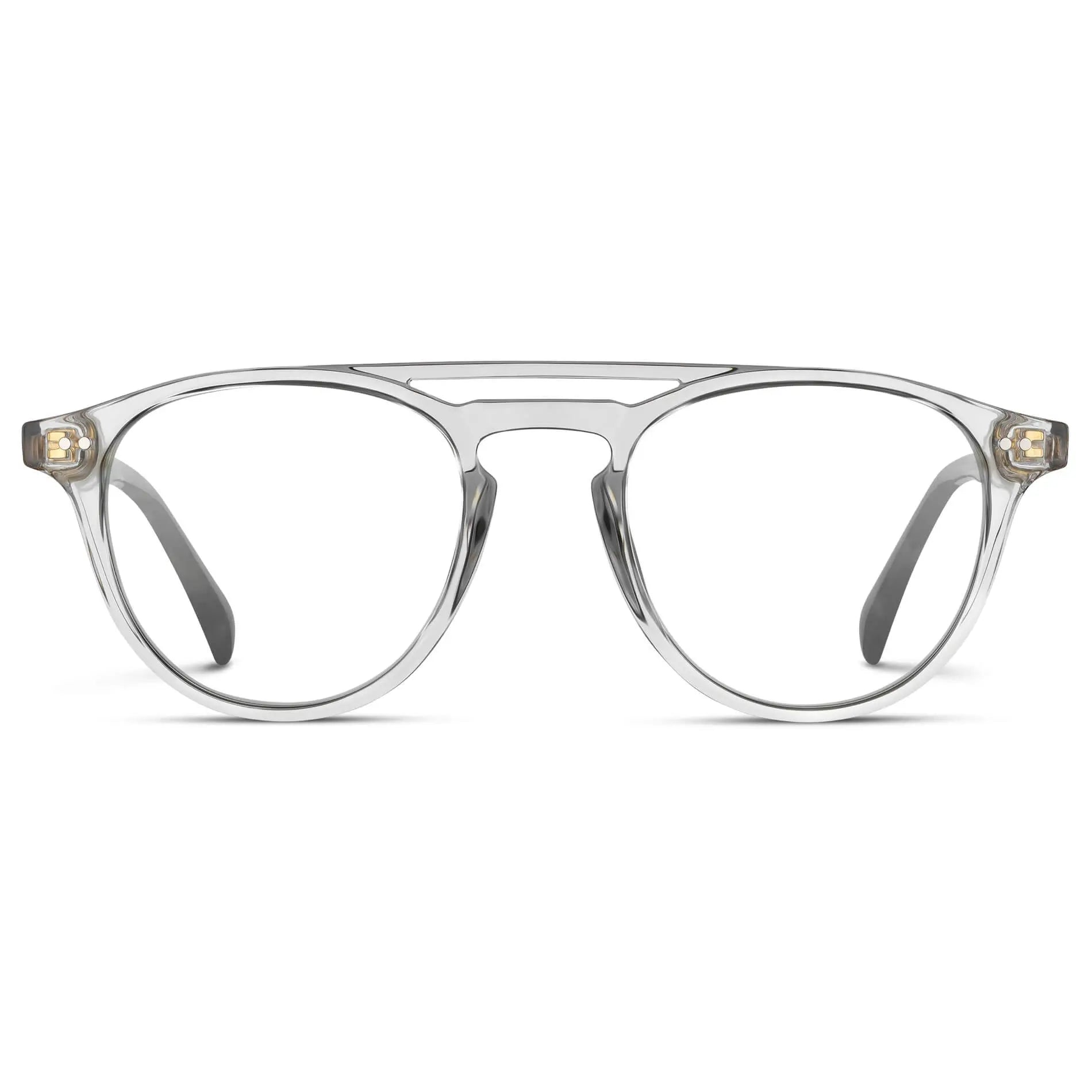 Clear || Men's Double Bridge Round Prescription Eyeglasses with Clear Frame and Clear Lenses on a white background