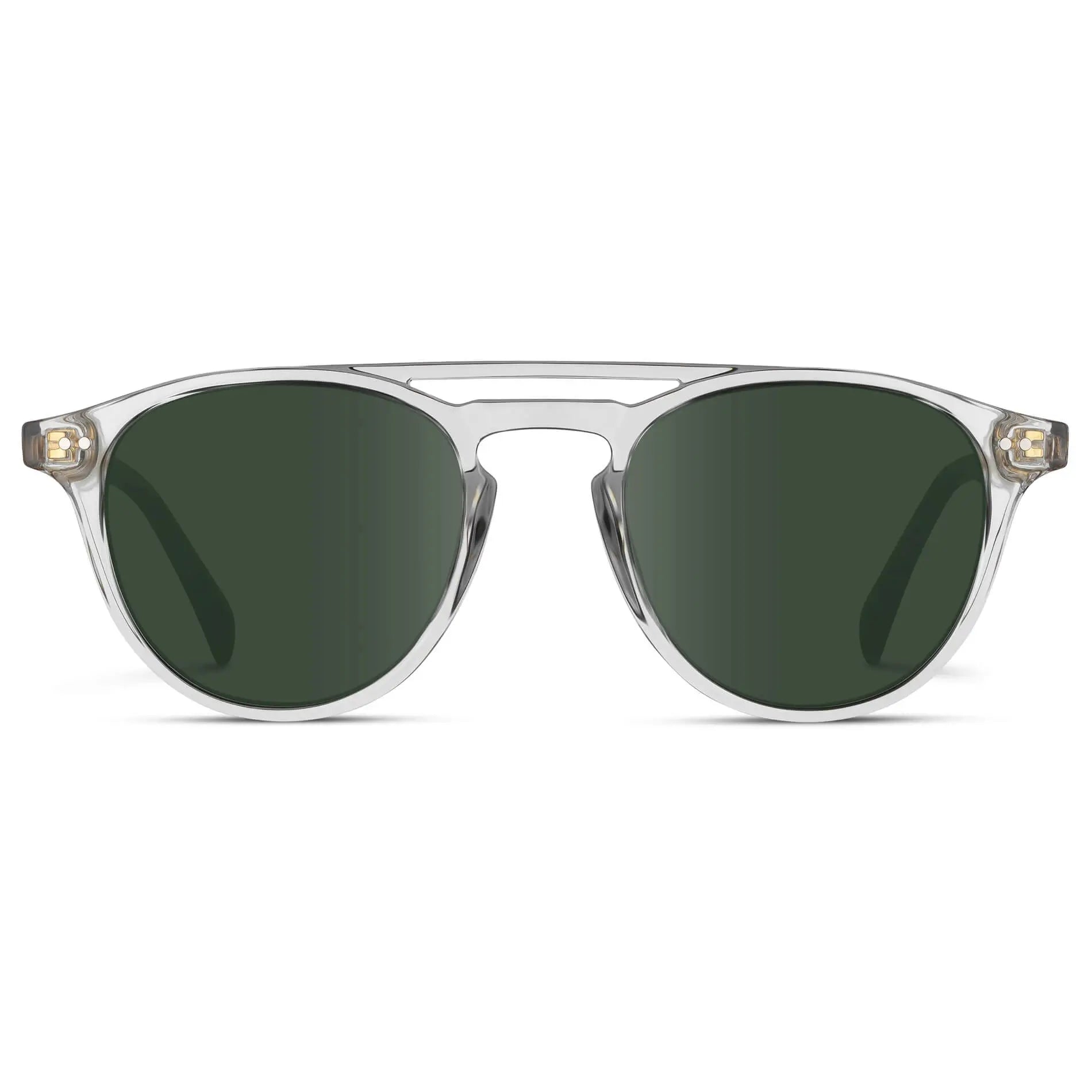 Clear / G15 || Men's Clear Round Frame Prescription Sunglasses with Green Lenses