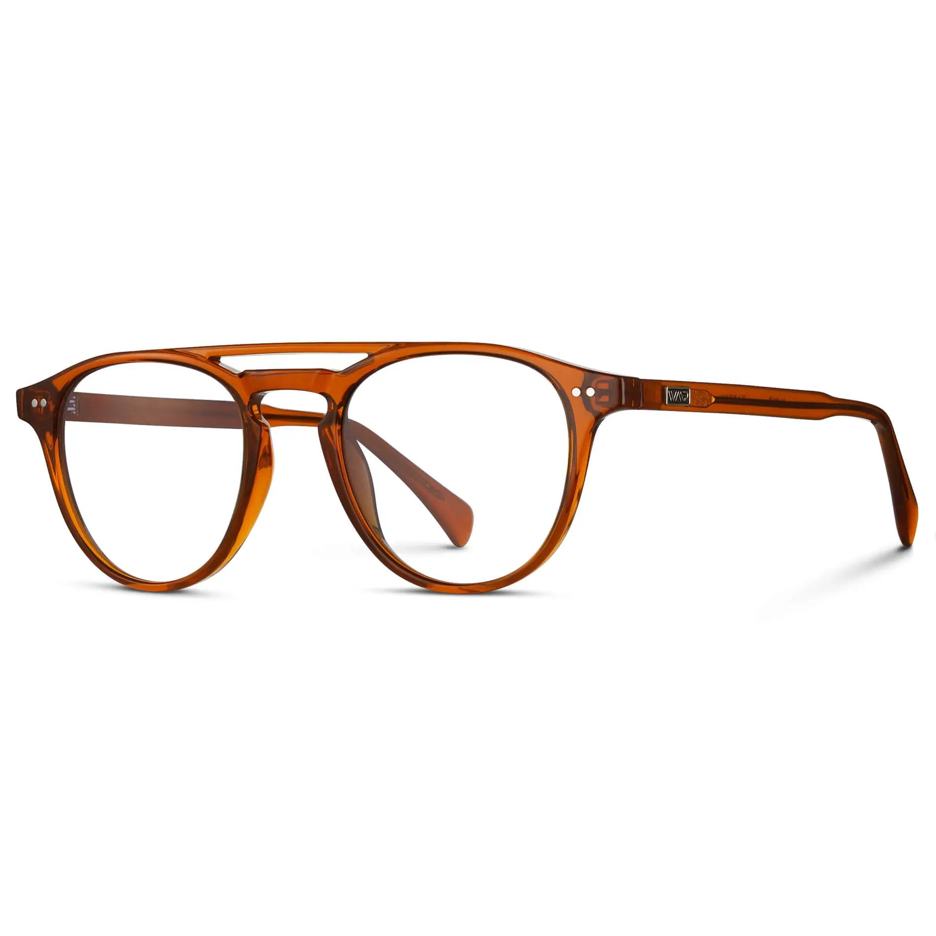 Desert Orange || Side view of Men's Double Bridge Round Prescription Eyeglasses with Desert Orange Frame and Clear Lenses on a white background