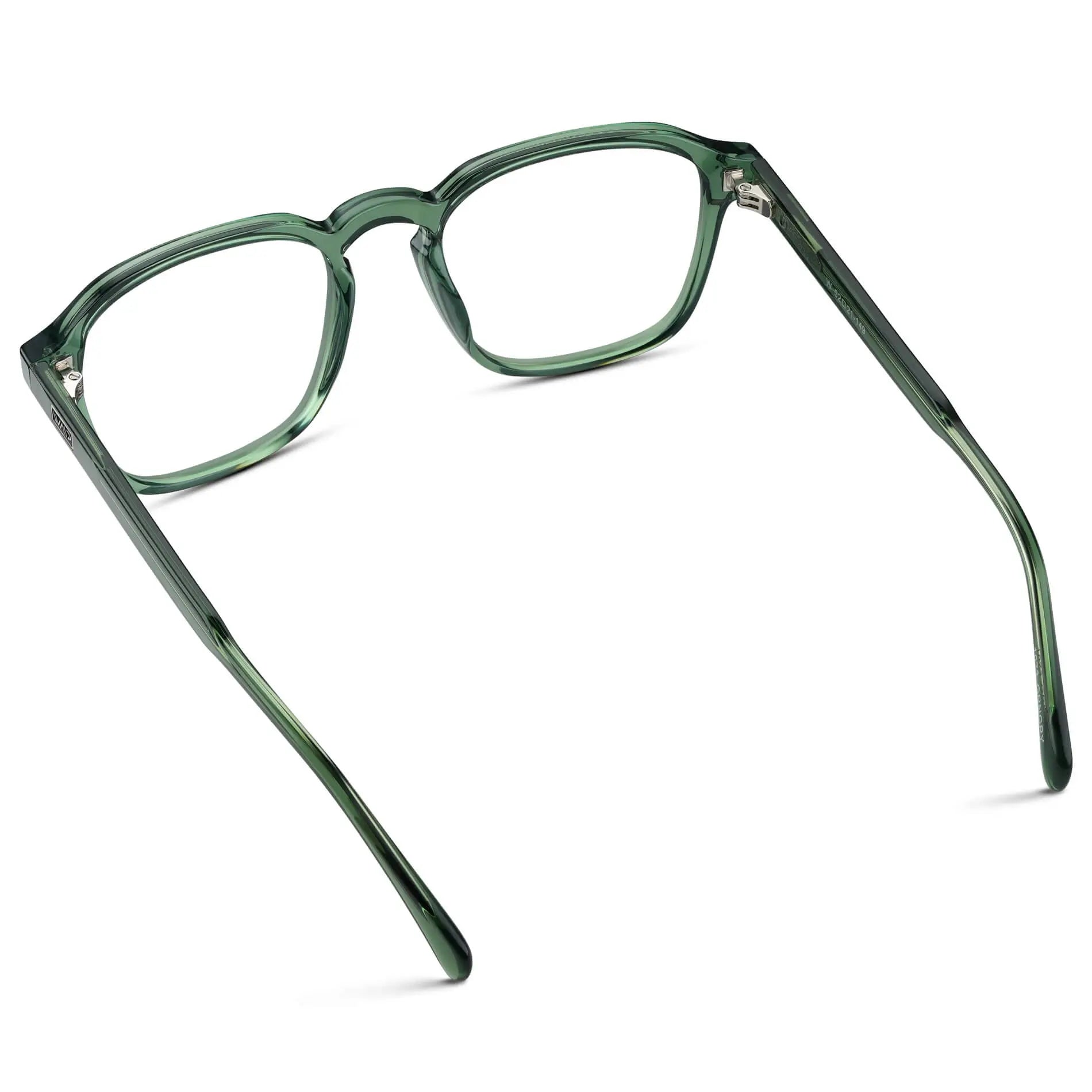 Emerald Green || Back view of Men's Square Prescription Sunglasses with Emerald Green Frame and Clear Lenses on a white background