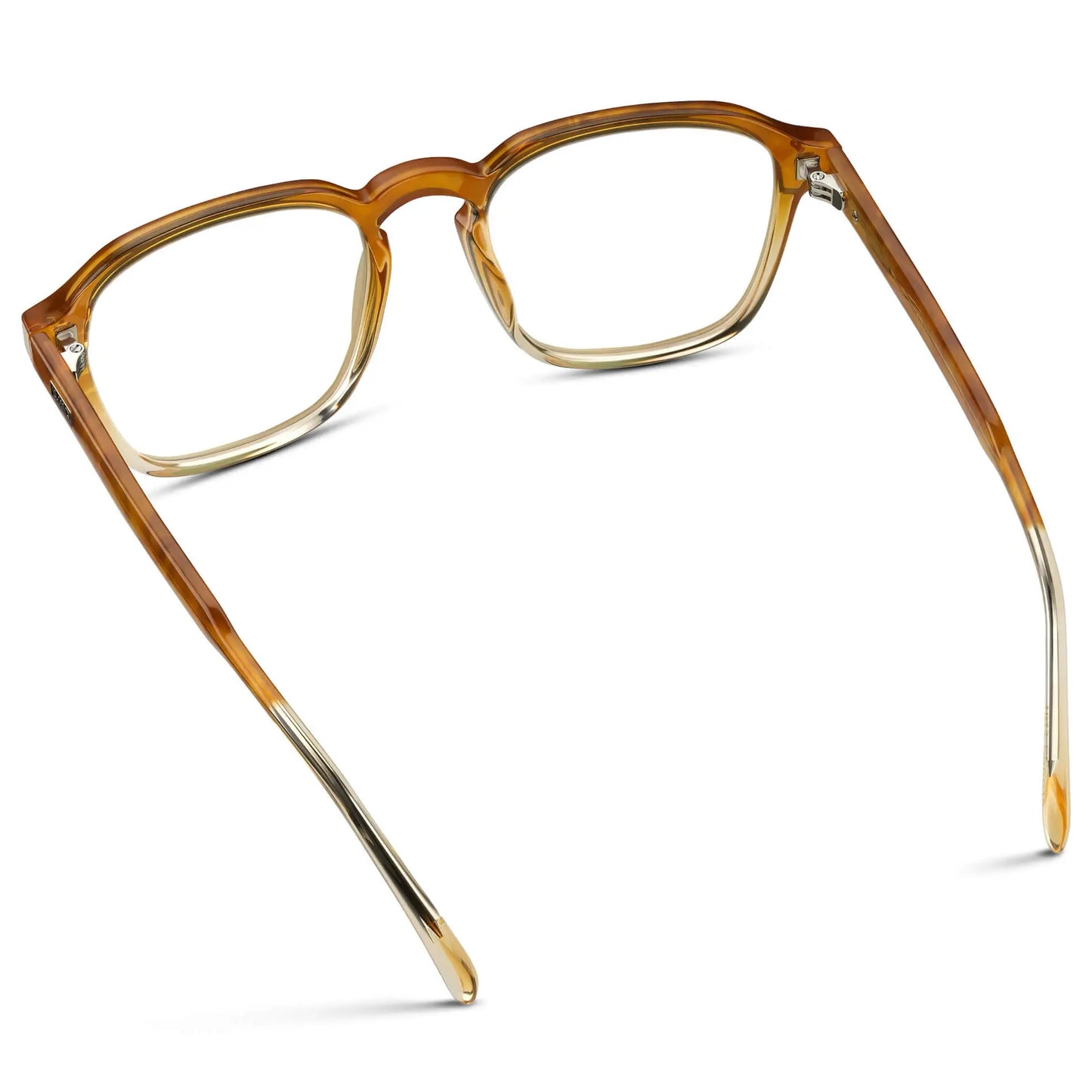 Sunset Tortoise || Back view of Men's Square Prescription Sunglasses with Sunset Tortoise Frame and Clear Lenses on a white background