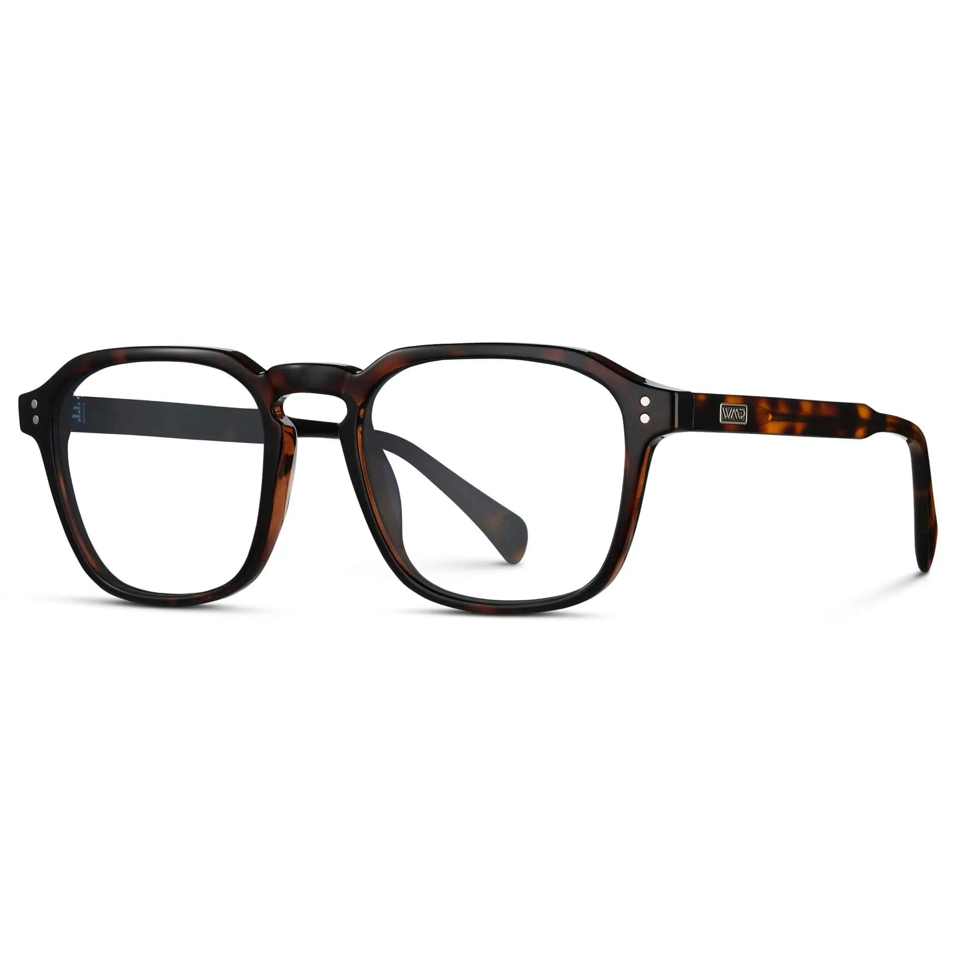 Brown Tortoise || Side view of Men's Square Prescription Sunglasses with Brown Tortoise Frame and Clear Lenses on a white background