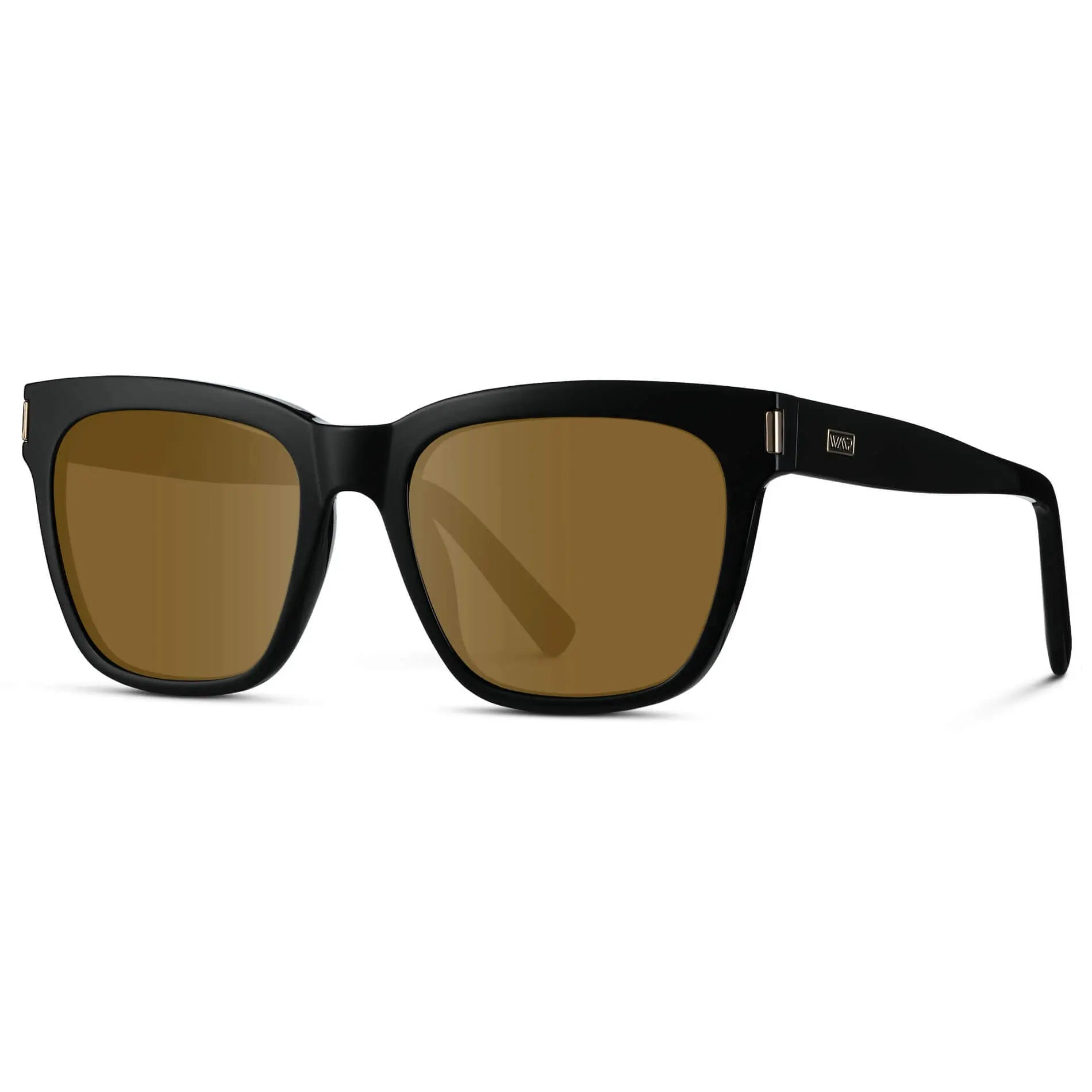 Black / Amber || Side view of Women's Oversized Square Prescription Sunglasses with Black Frame and Brown Lenses on a white background