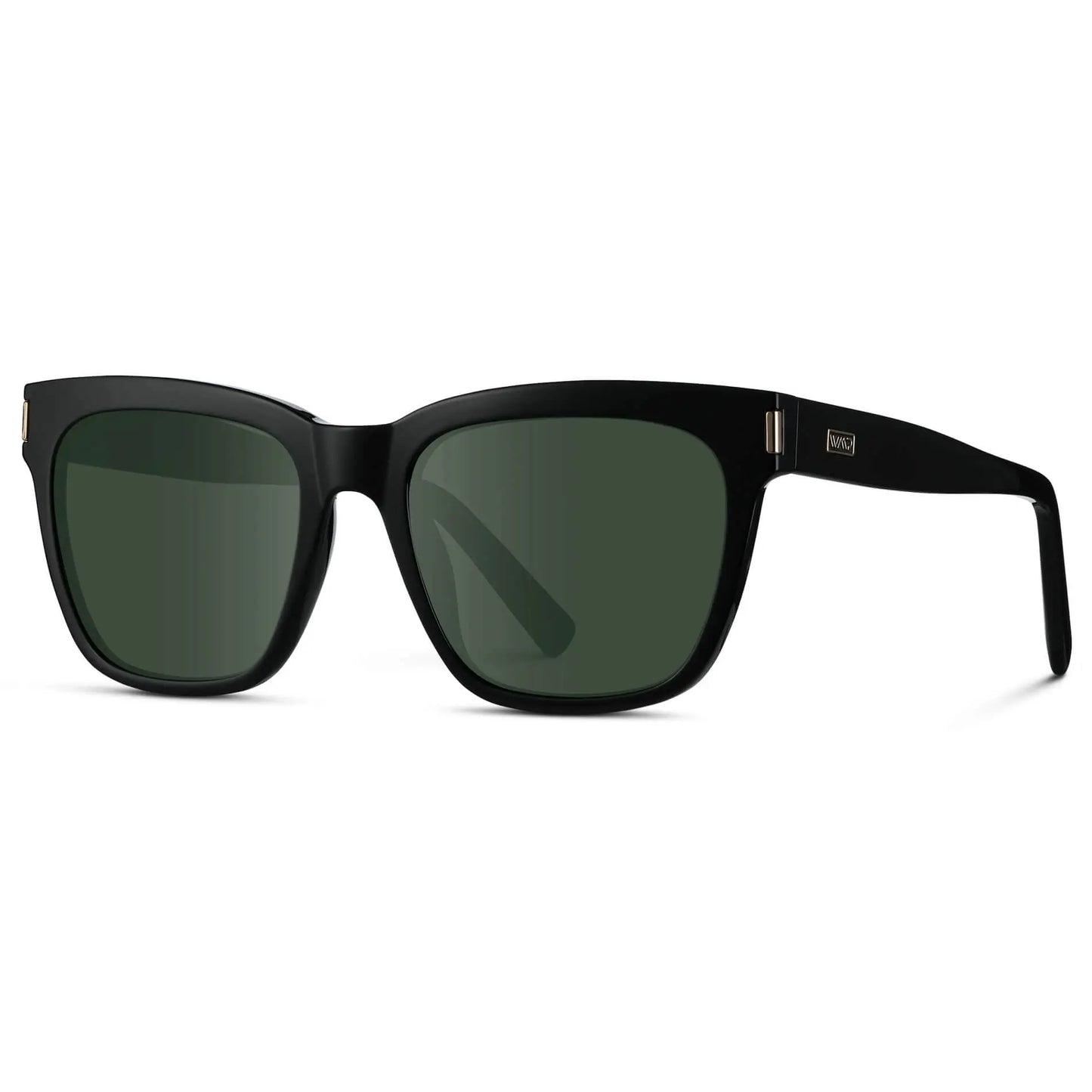 Black / G15 || Side view of Women's Oversized Square Prescription Sunglasses with Black Frame and Green Lenses on a white background