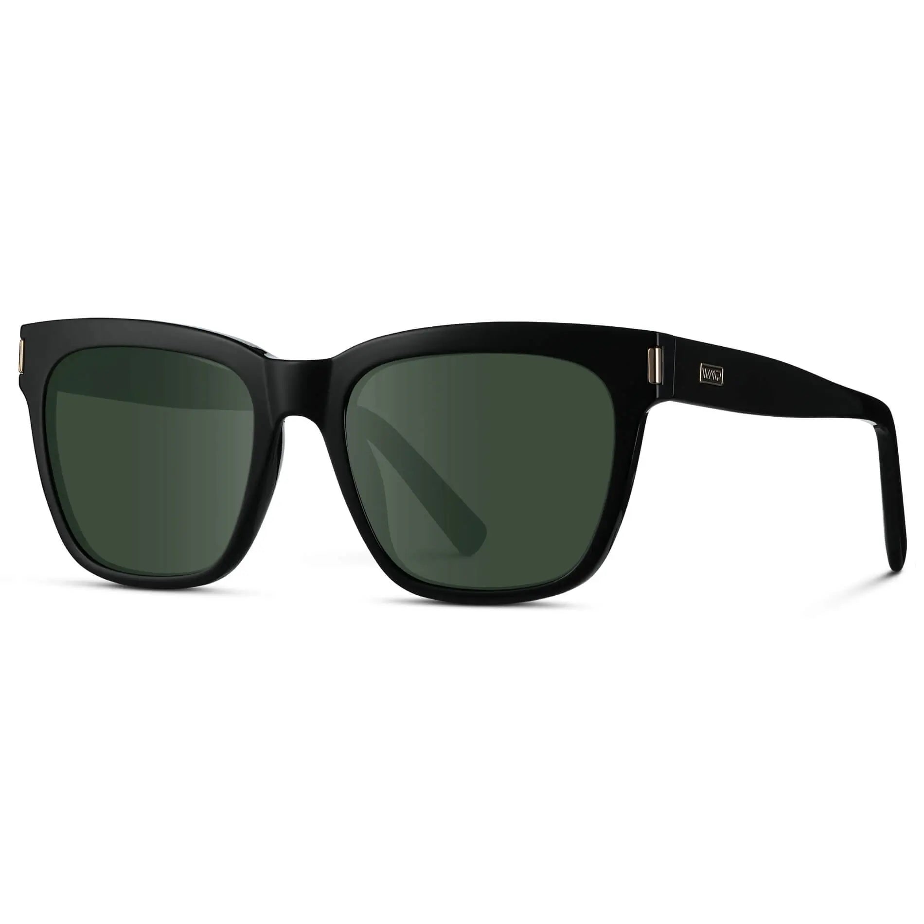 Black / G15 || Side view of Women's Oversized Square Prescription Sunglasses with Black Frame and Green Lenses on a white background