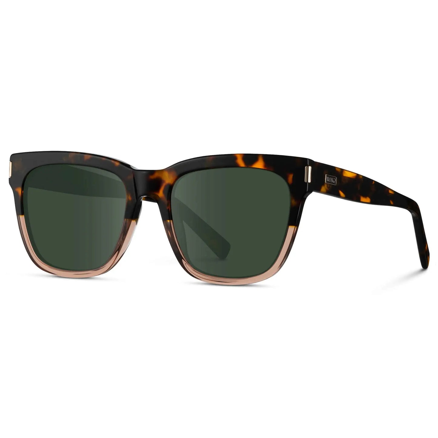 Crystal Brown Tortoise / G15 || Side view of Women's Oversized Square Prescription Sunglasses with Brown Tortoise Frame and Green Lenses on a white background