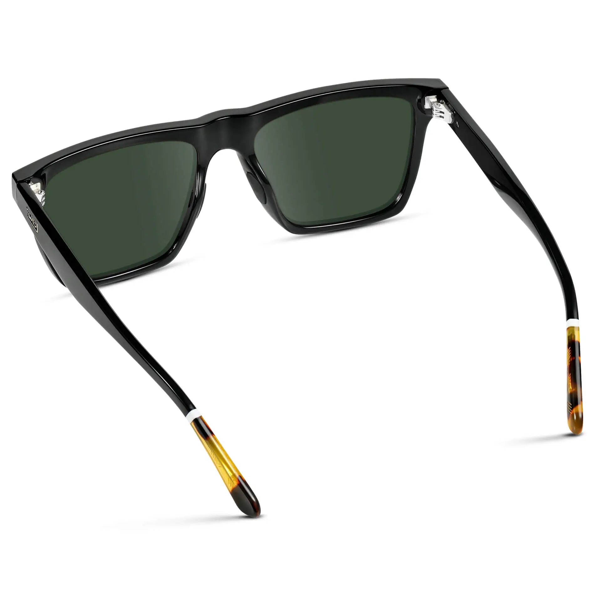 Black / G15 || Back view of Men's Rectangular Prescription Sunglasses with Black and Green Lenses on a white background 