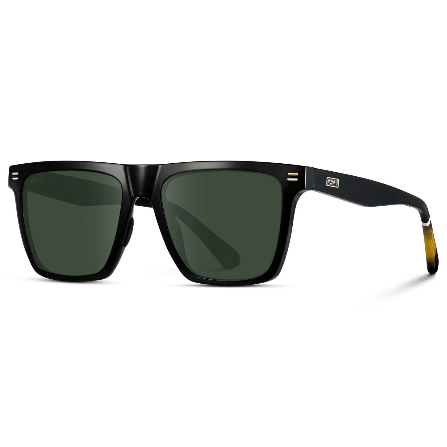 Black / G15 || Side view of Men's Rectangular Prescription Sunglasses with Black and Green Lenses on a white background 