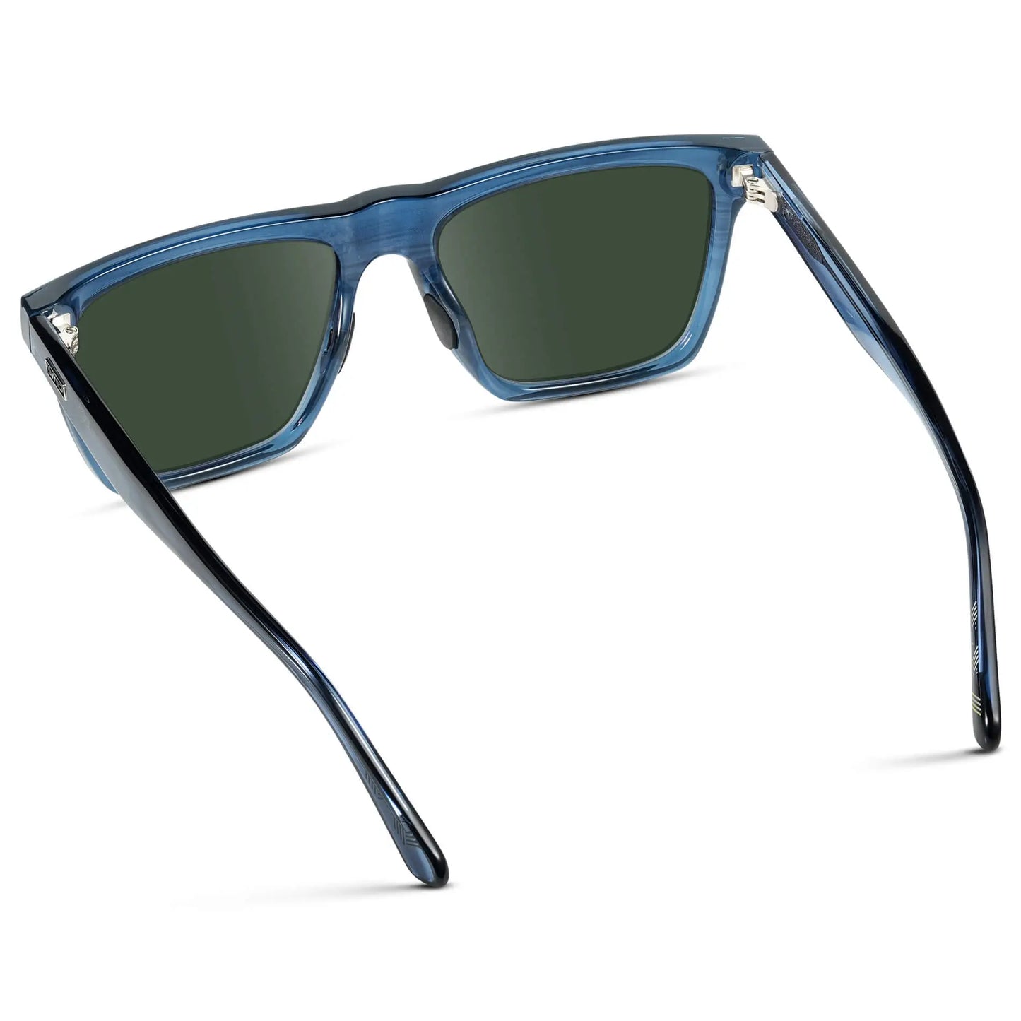 Indigo Blue Grain / G15 || Back view of Men's Rectangular Prescription Sunglasses with Indigo Blue Grain  and Green Lenses on a white background 