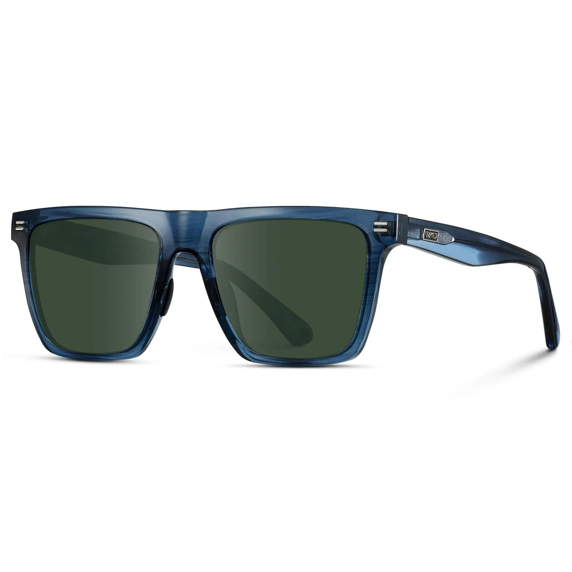 Indigo Blue Grain / G15 || Side view of Men's Rectangular Prescription Sunglasses with Indigo Blue Grain  and Green Lenses on a white background 