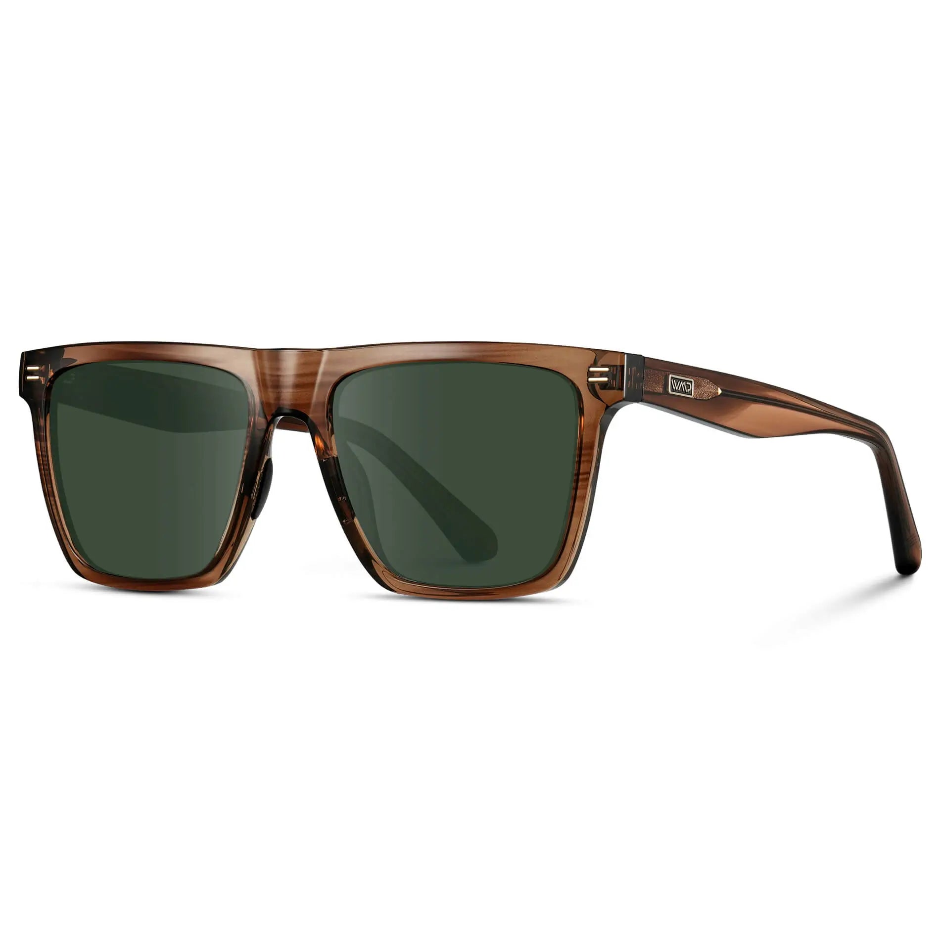 Crystal Mesquite Grain / G15 || Side view of Men's Rectangular Prescription Sunglasses with Crystal Mesquite Grain and Green Lenses on a white background 
