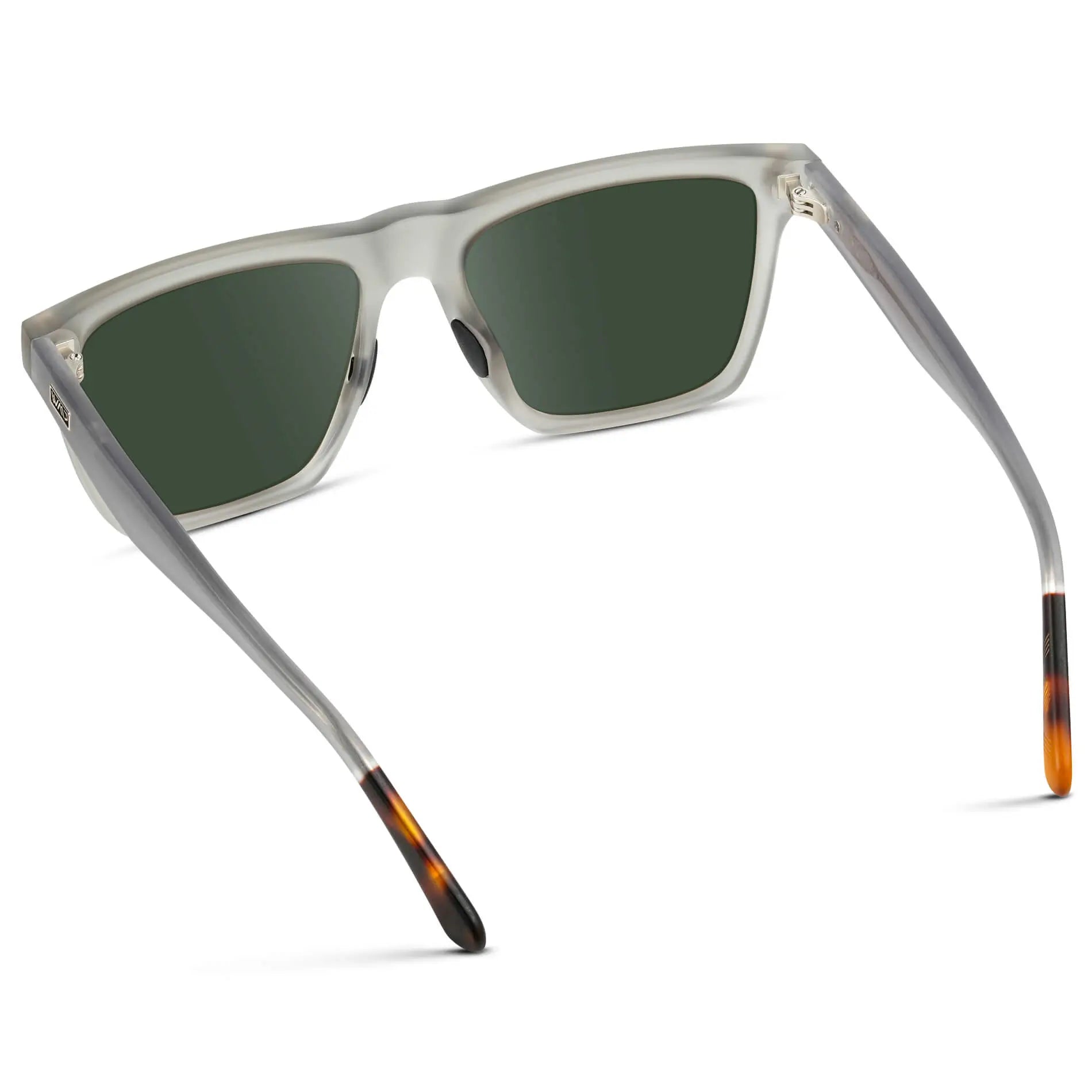 Frosted Moonrock Grey / G15 || Back view of Men's Rectangular Prescription Sunglasses with Frosted Moonrock Grey and Green Lenses on a white background 