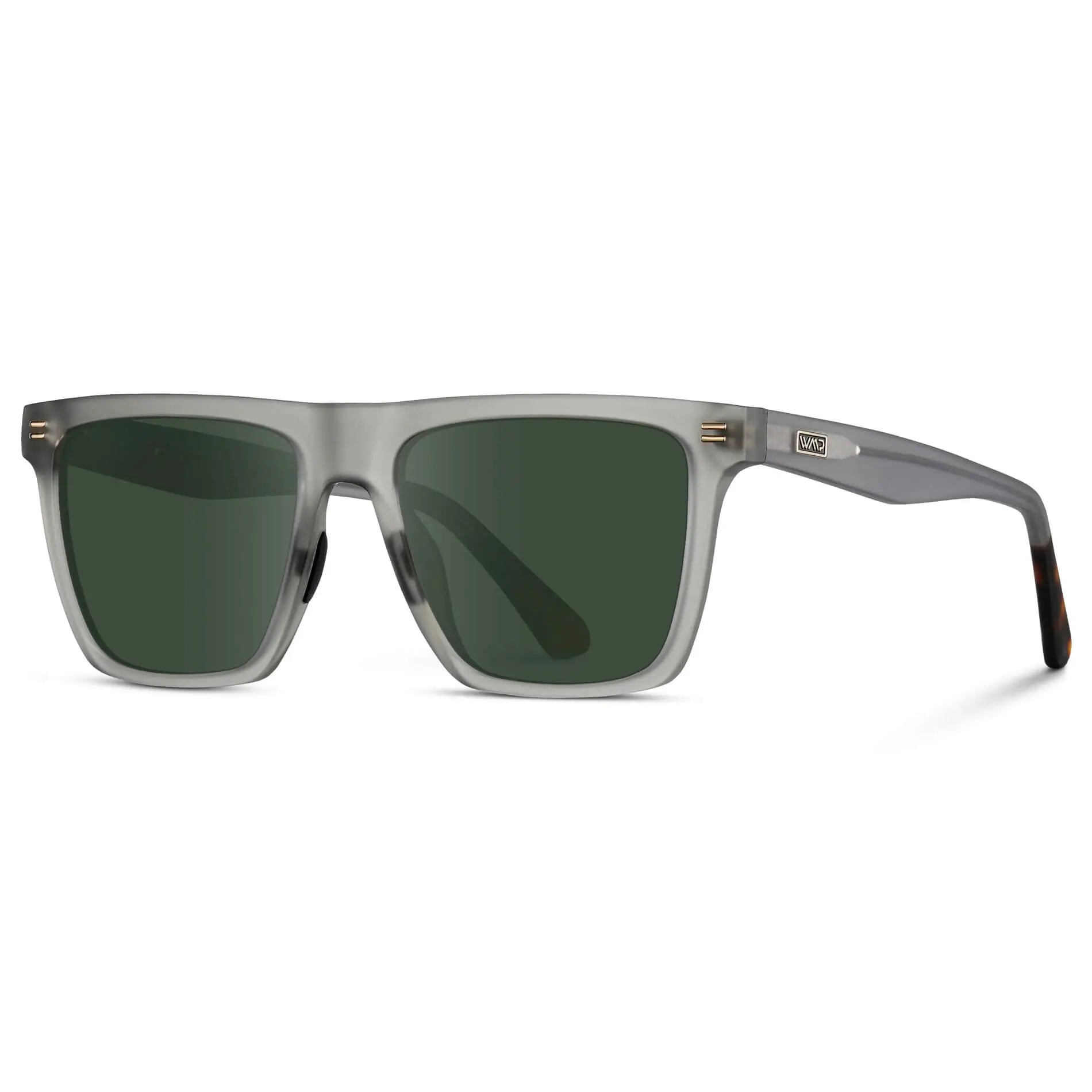 Frosted Moonrock Grey / G15 || Side view of Men's Rectangular Prescription Sunglasses with Frosted Moonrock Grey and Green Lenses on a white background 