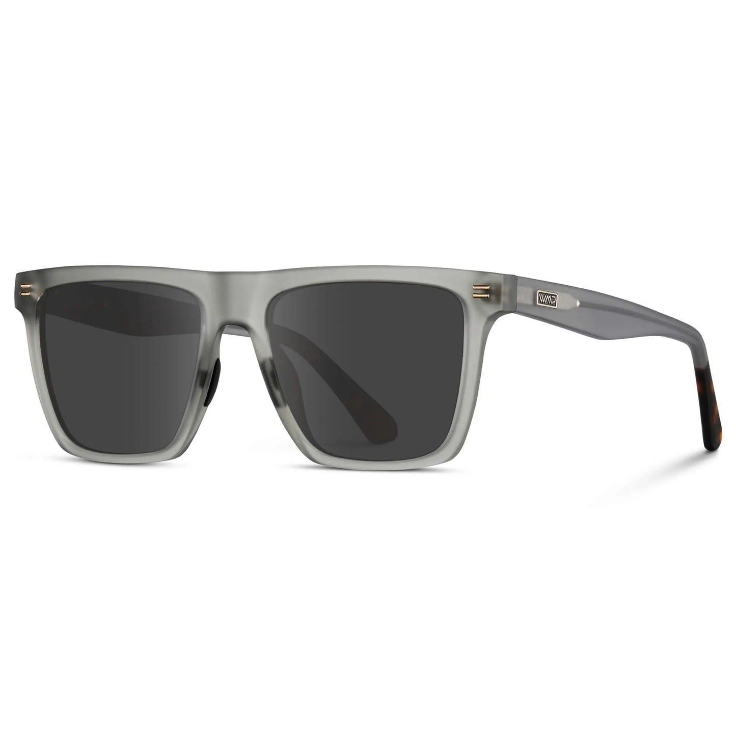 Frosted Moonrock Grey / Grey || Side view of Men's Rectangular Prescription Sunglasses with Frosted Moonrock Grey and Grey Lenses on a white background 