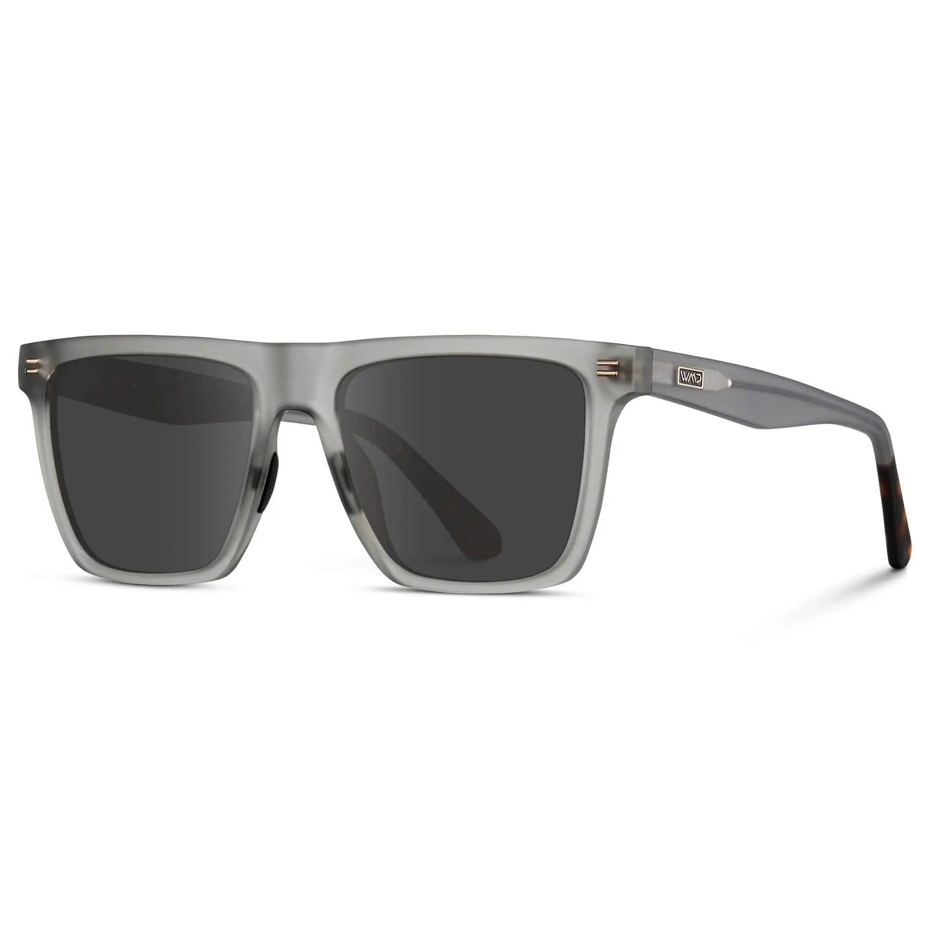 Frosted Moonrock Grey / Grey || Side view of Men's Rectangular Prescription Sunglasses with Frosted Moonrock Grey and Grey Lenses on a white background 