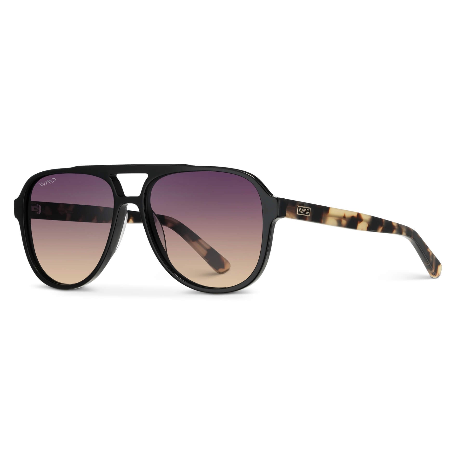 Black Cream Tortoise / Gradient Sunset Lens || Black Aviator Frame Sunglasses with Purple Gradient Polarized Lenses