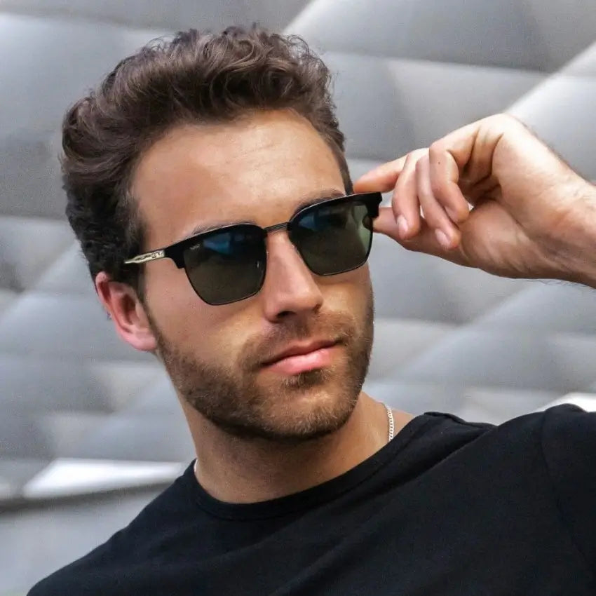 Black / G15 Lens || Black Horn Rimmed Prescription Sunglasses with Green Lenses