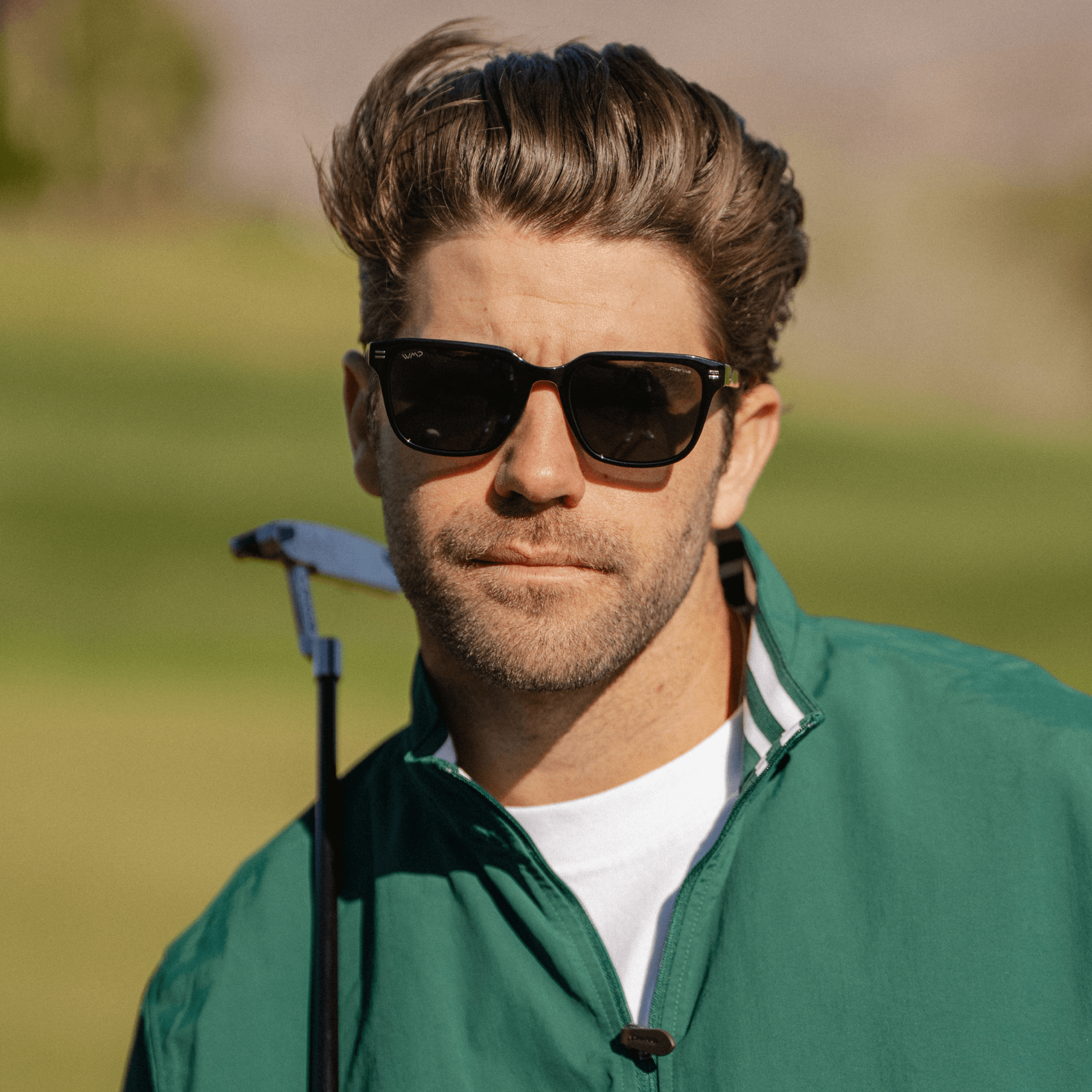 Black / Triple Black Lens || Men's Geometric Rectangular Non-Slip Golf Sunglasses with Black Acetate Frame and Triple Black Polarized Oleophobic Lens