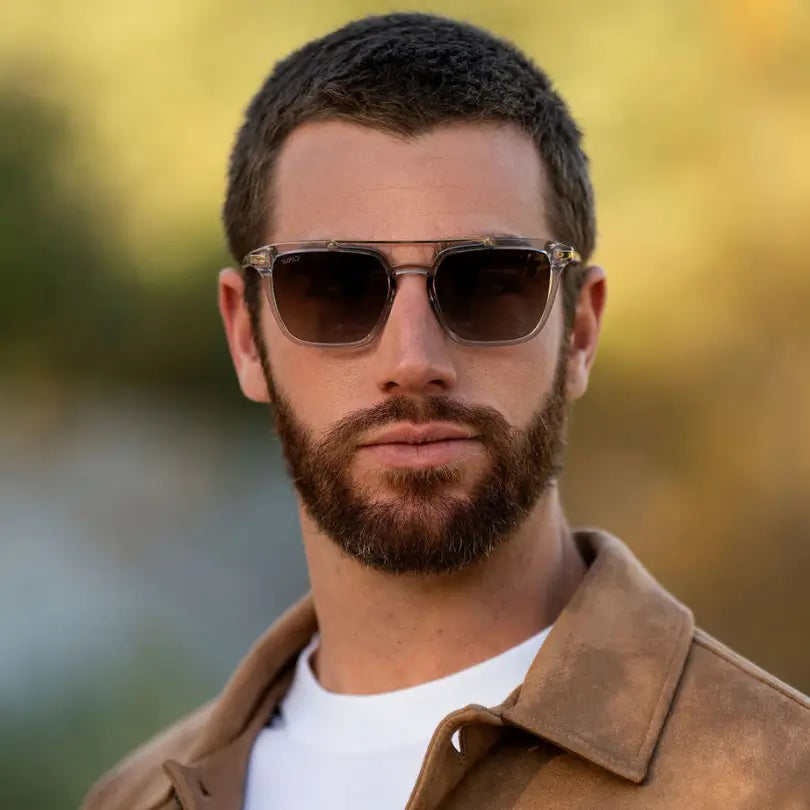 Crystal Ice Grey / Amber Lens || Grey Square Sunglasses with Brown Lenses