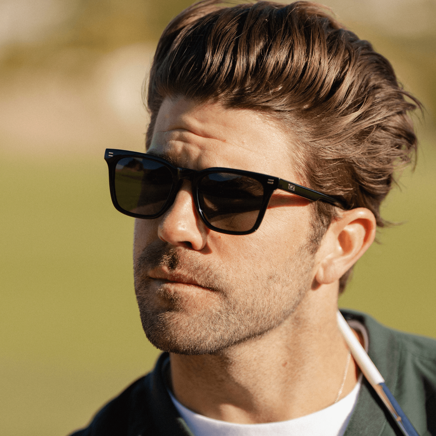 Black / Triple Black Lens || Men's Classic Rectangular Golf and Sport Sunglasses with Black Acetate Frame and Triple Black Polarized Oleophobic Lens