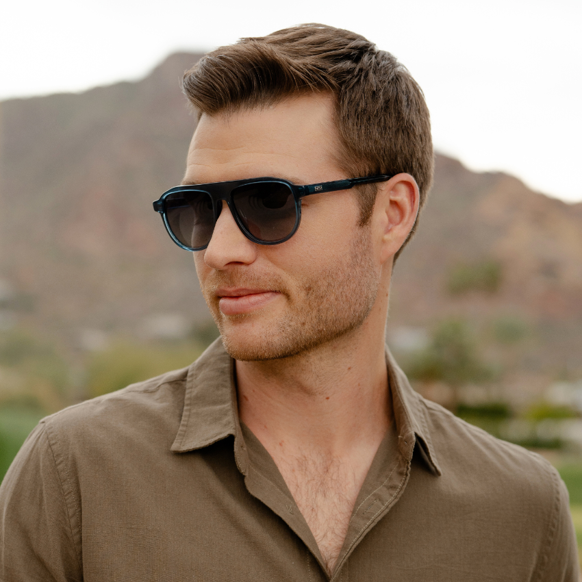 Crystal Cobalt / Smoke Gradient Lens || Blue Aviator Sunglasses with Black Polarized Lenses