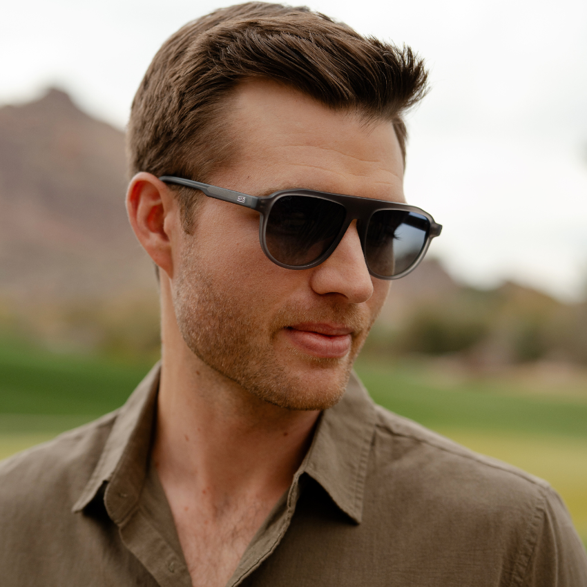 Frosted Graphite / Navy Gradient Lens || Grey Aviator Sunglasses with Blue Polarized Lenses