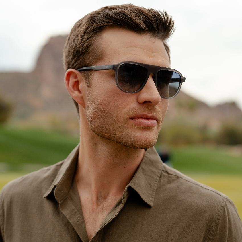 Frosted Graphite / Navy Gradient Lens || Grey Aviator Sunglasses with Blue Polarized Lenses