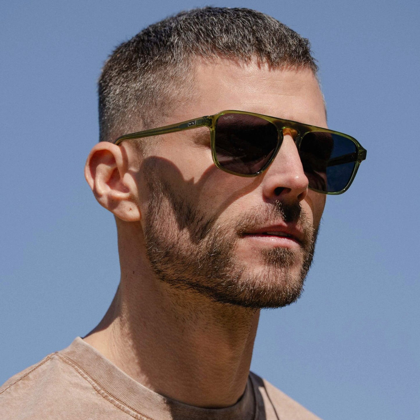 Crystal Saguaro Green / Black Lens || Green Single Bridge Aviator Sunglasses with Black Polarized Lenses