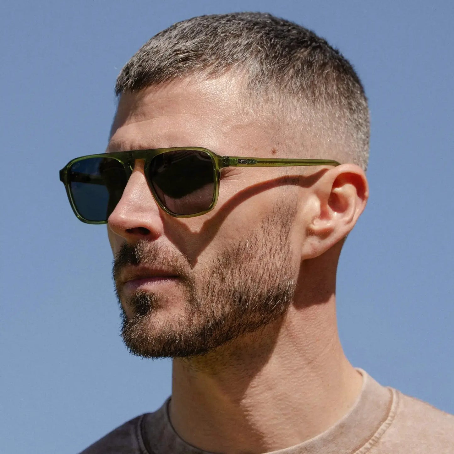 Crystal Saguaro Green / Grey Lens || Green Single Bridge Aviator Sunglasses with Grey Prescription Lenses