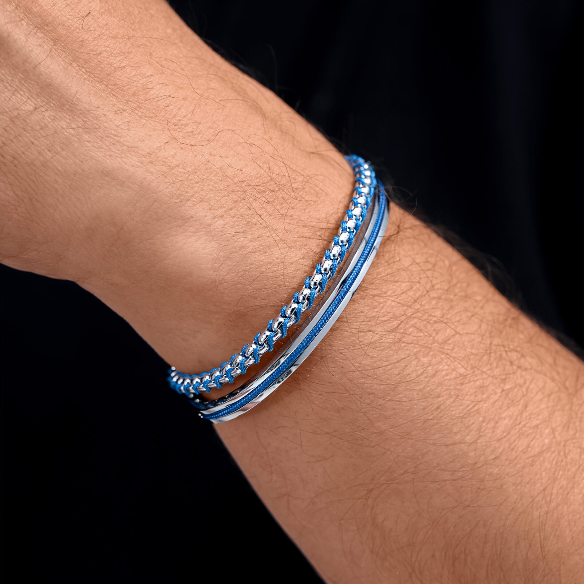 Silver / Blue || Men's Cuff and Twisted Chain Bracelet Combination Set in Silver and Navy Blue