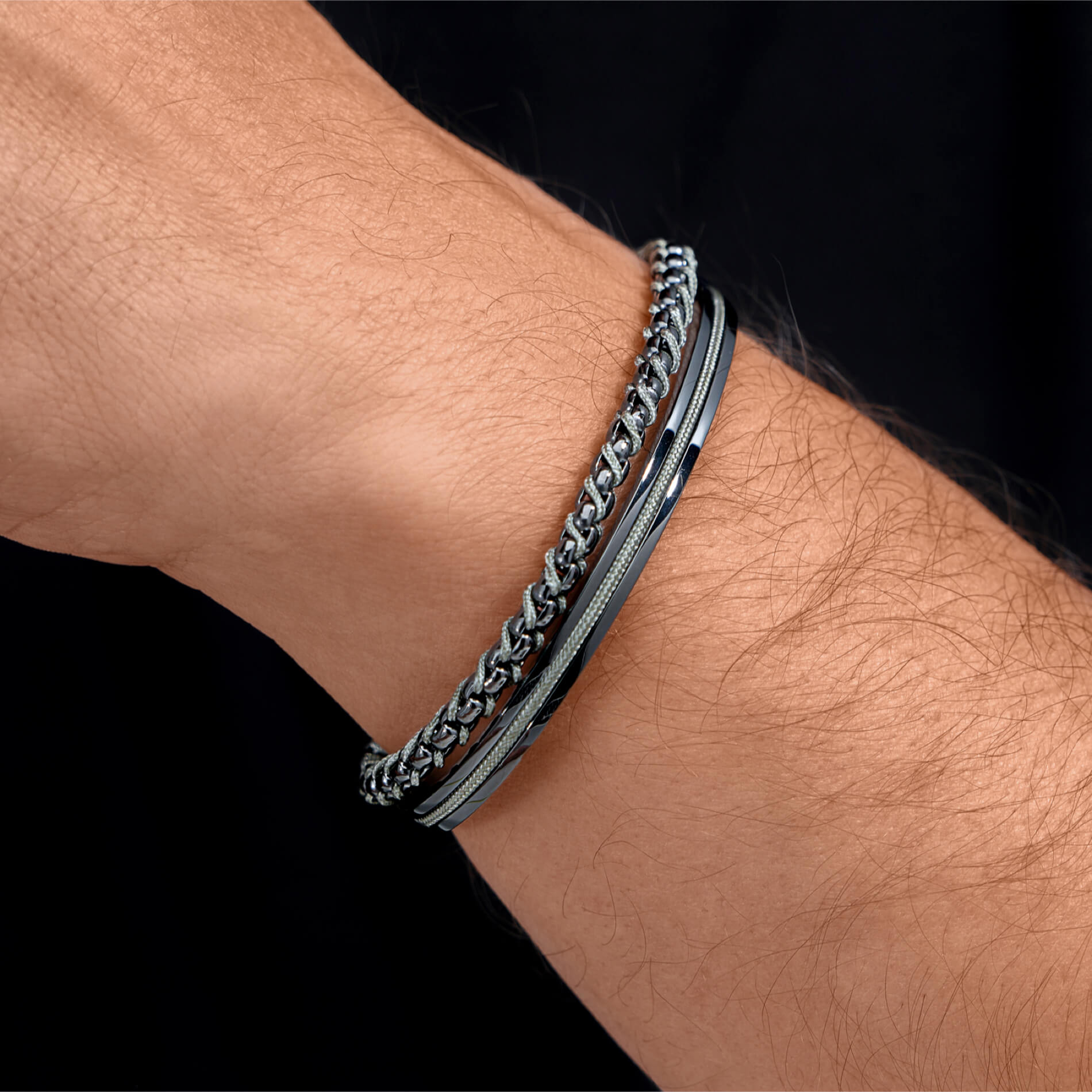 Gunmetal / Olive Green || Men's Cuff and Twisted Chain Bracelet Combination Set in Gunmetal and Olive Green
