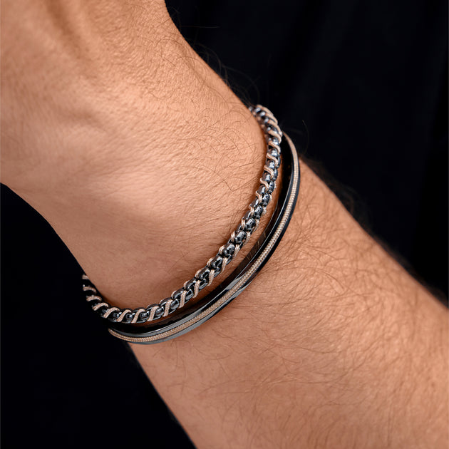Woven Curb Chain & Stainless Steel Cuff Bracelets