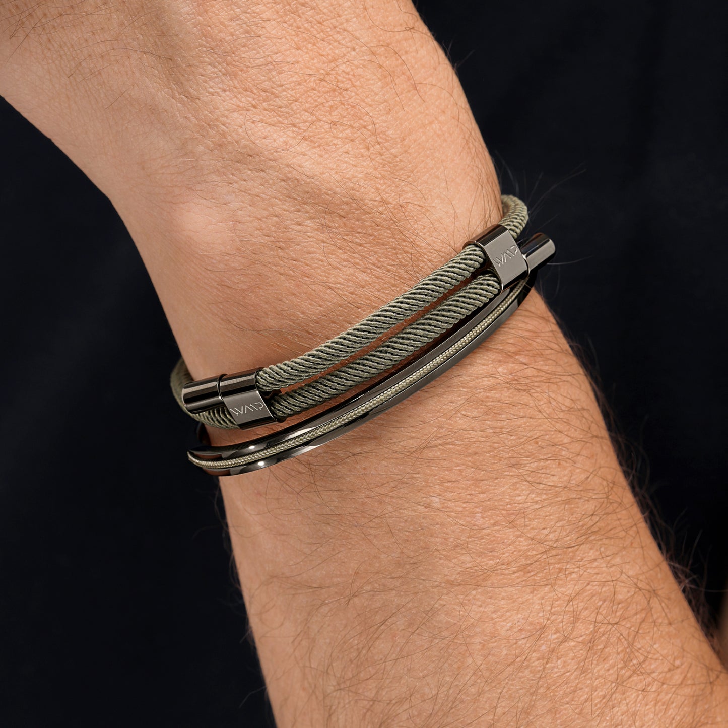 Olive Green / Gunmetal || Gunmetal Stainless Steel Bracelet Set with Green Rope Detail for Men 