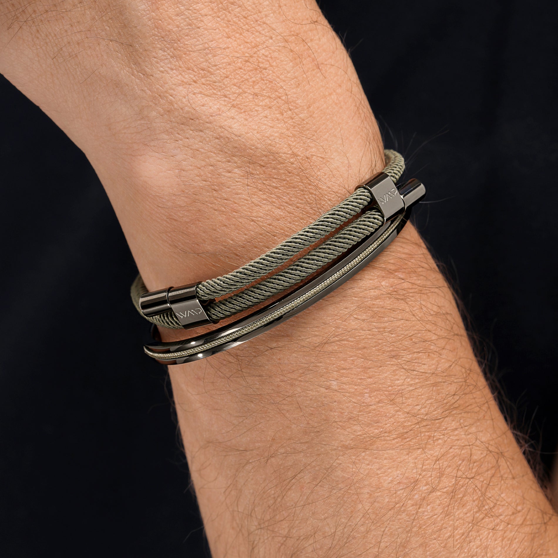 Olive Green / Gunmetal || Gunmetal Stainless Steel Bracelet Set with Green Rope Detail for Men 
