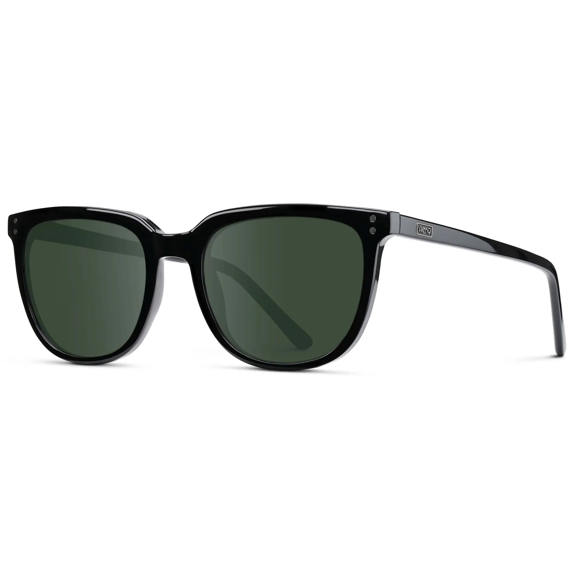 Black / G15 || Side view of Men's Square Prescription Sunglasses with Black Frame and Green Lenses on a white background