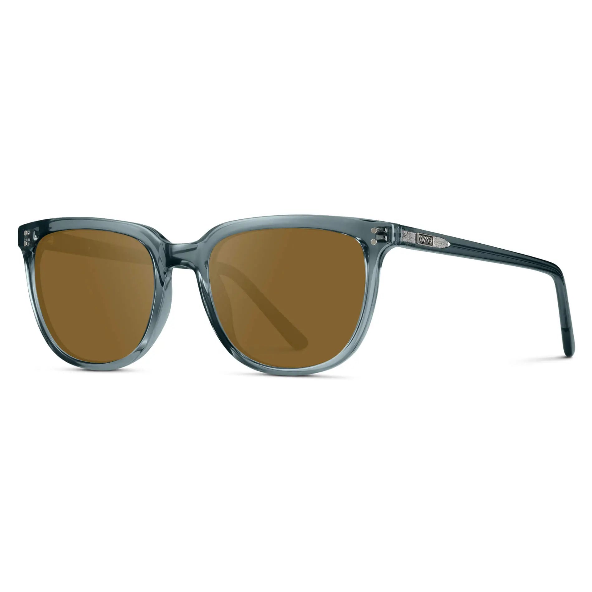 Crystal Stone Blue / Amber || Side view of Men's Square Prescription Sunglasses with Crystal Stone Blue Frame and Amber Lenses on a white background