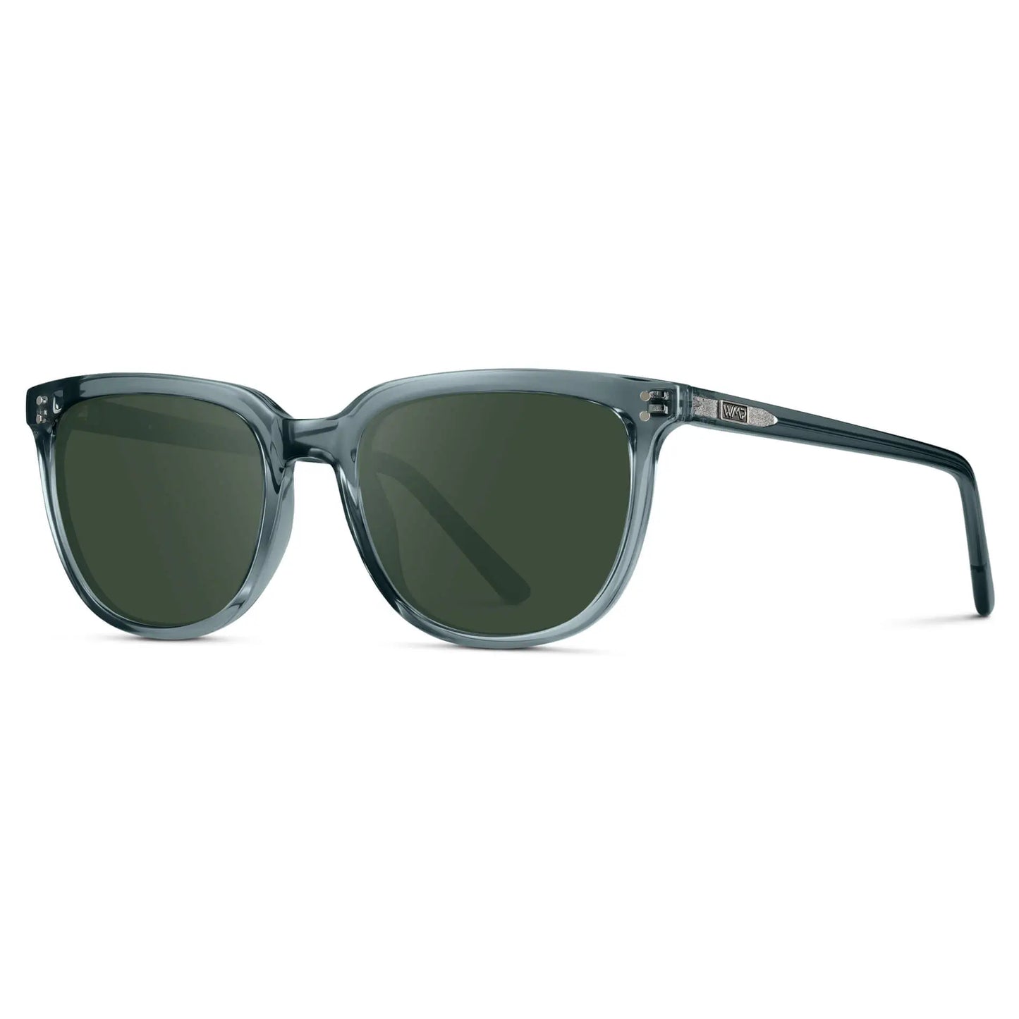 Crystal Stone Blue / G15 || Side view of Men's Square Prescription Sunglasses with Crystal Stone Blue Frame and Green Lenses on a white background