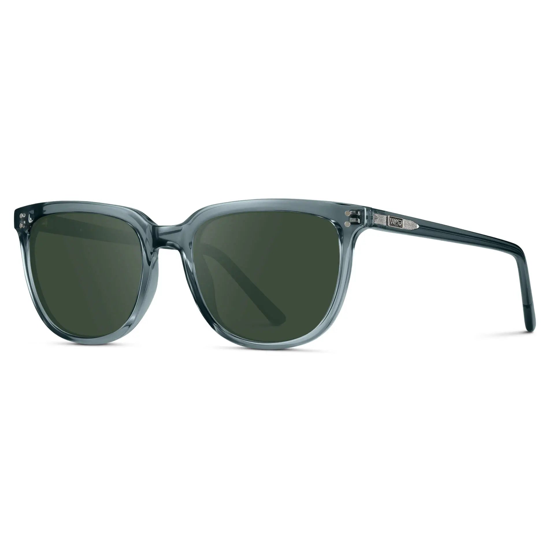 Crystal Stone Blue / G15 || Side view of Men's Square Prescription Sunglasses with Crystal Stone Blue Frame and Green Lenses on a white background