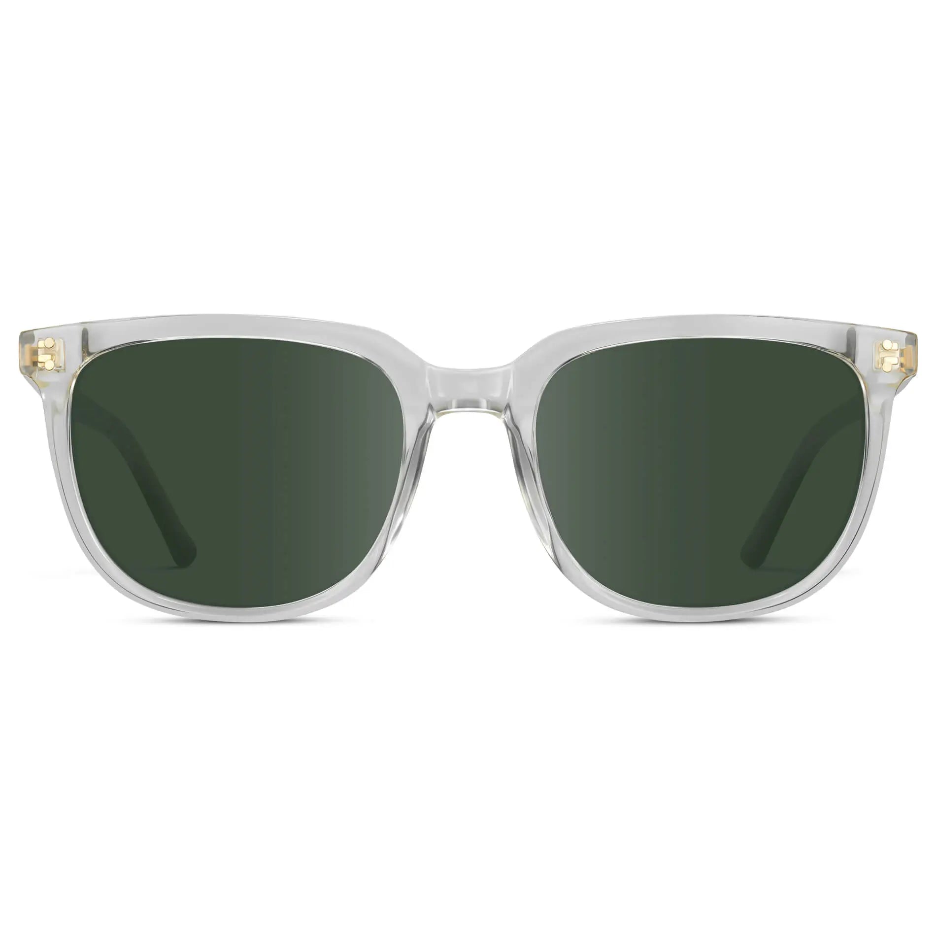 Clear / G15 || Men's Square Prescription Sunglasses with Clear Frame and Green Lenses on a white background